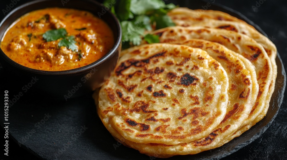 A tantalizing butter curry is served with beautifully charred naan breads, paired with fresh cilantro garnish, creating a rich and aromatic flavor experience.