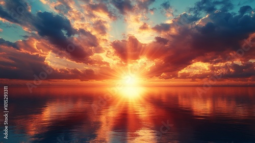 Fototapeta Naklejka Na Ścianę i Meble -  A breathtaking scene of a vibrant sunset over a calm ocean, with rays of light streaming through fluffy clouds, evoking peace and serenity in nature's beauty.