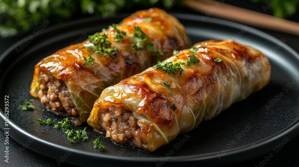 Deliciously cooked cabbage rolls filled with savory ingredients, topped with a rich sauce, presenting a perfect blend of flavors and textures on a dark plate. Deliciously cooked cabbage rolls filled with savory ingredients, topped with a rich sauce, presenting a perfect blend of flavors and textures on a dark plate.