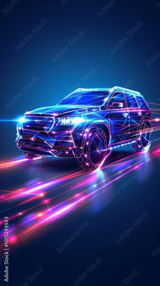 Fototapeta premium digital suv car in low poly wireframe design,modern automotive and Innovation technology, strength, versatility, autonomous driving and Smart Vehicles Transportation.