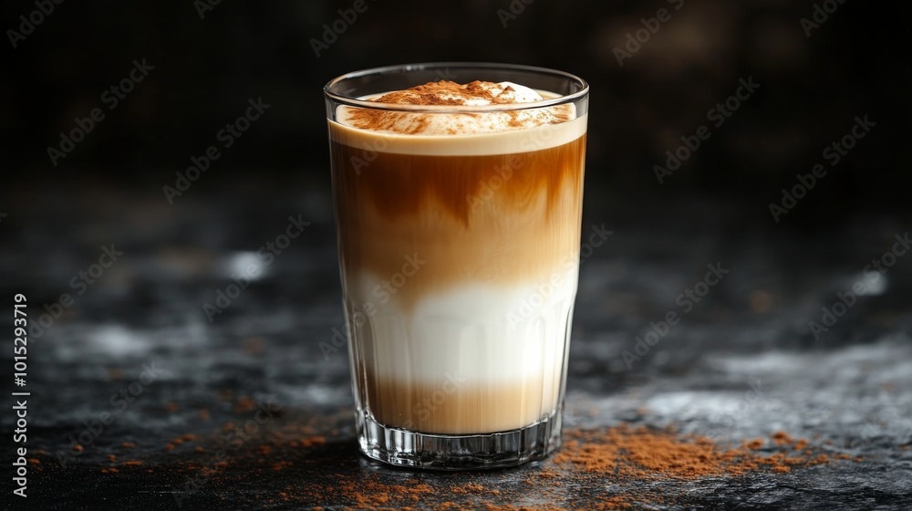A refreshing iced latte in a glass showcasing creamy layers, topped with frothy foam, perfect for coffee lovers seeking a cool beverage on a warm day. A refreshing iced latte in a glass showcasing creamy layers, topped with frothy foam, perfect for coffee lovers seeking a cool beverage on a warm day.