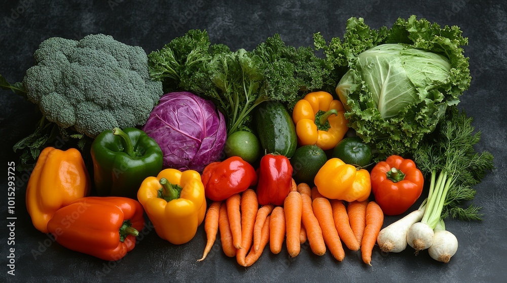 A vibrant assortment of fresh vegetables including peppers, cabbage, and carrots, laid out on a dark surface, highlighting the bounty of nature's produce and health. A vibrant assortment of fresh vegetables including peppers, cabbage, and carrots, laid out on a dark surface, highlighting the bounty of nature's produce and health.
