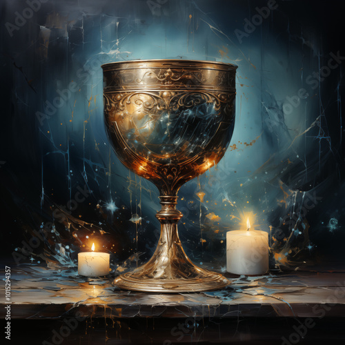 Stylish golden chalice with candles in a mysterious ambiance against a dark blue background with copy space photo