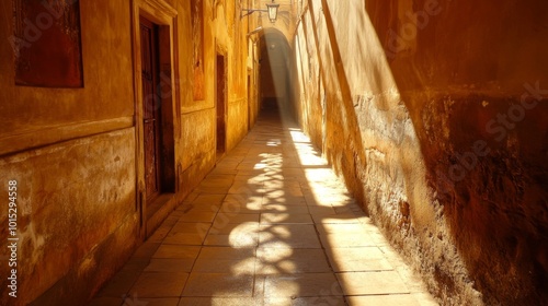 A charming narrow rustic alleyway is drenched in sunlight, casting shadows on the ancient walls, evoking profound historic ambiance and timeless allure in architecture. photo