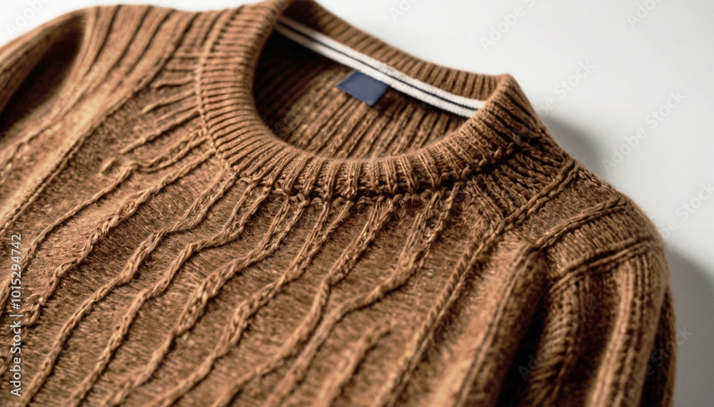 Brown knitted sweater on white background, top view. Warm winter clothes. Brown knitted sweater on white background, top view. Warm winter clothes.