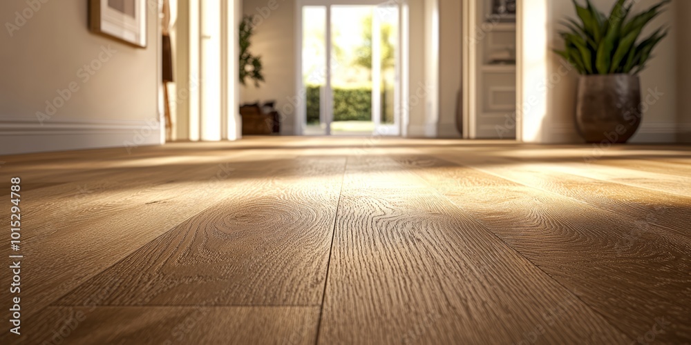 Fototapeta premium Cozy interior with warm wooden flooring and natural light filtering through doorways.
