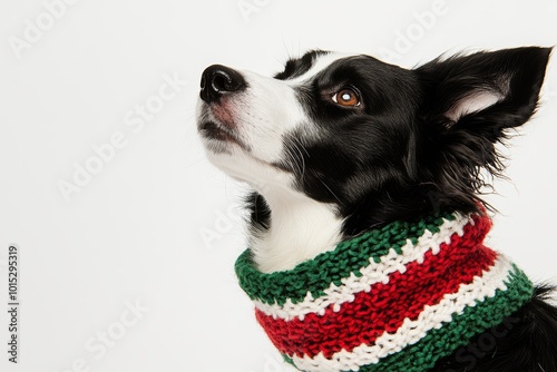 A black and white dog wearing a colorful knitted scarf looks upward against a clean background, showcasing its playful expression