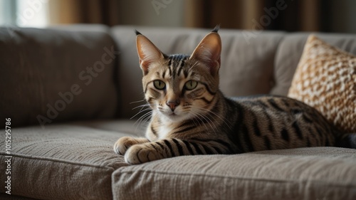 Wallpaper Mural A tabby cat with green eyes lies on a brown couch, looking directly at the camera. Torontodigital.ca
