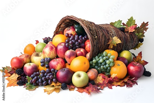Fototapeta Naklejka Na Ścianę i Meble -  Cornucopia filled with fruits and leaves