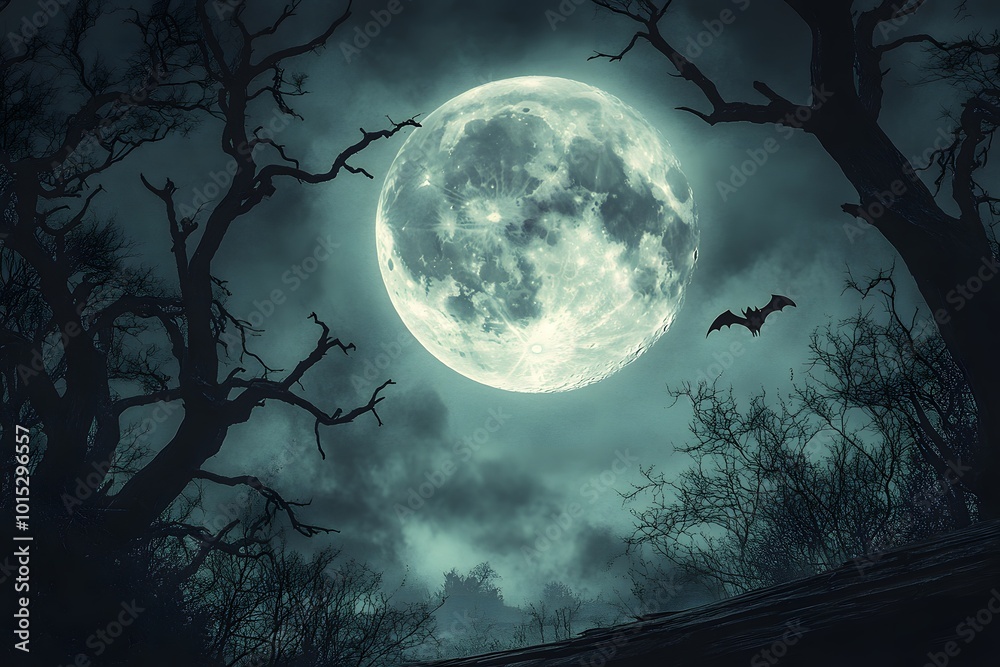 Fototapeta premium Moonlight night with bat silhouette in eerie forest 