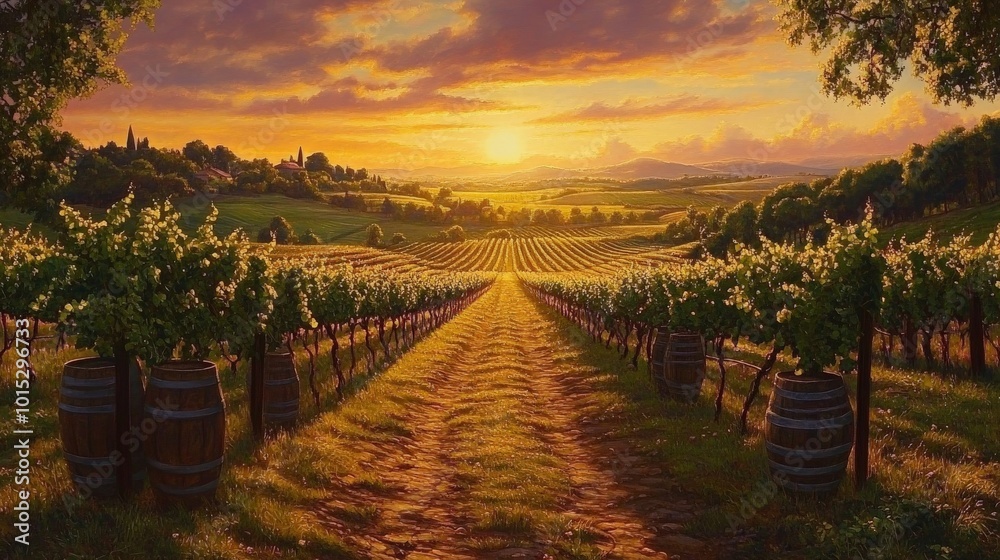 Obraz premium Majestic Vineyard Sunset Landscape with Rolling Hills and Winding Path