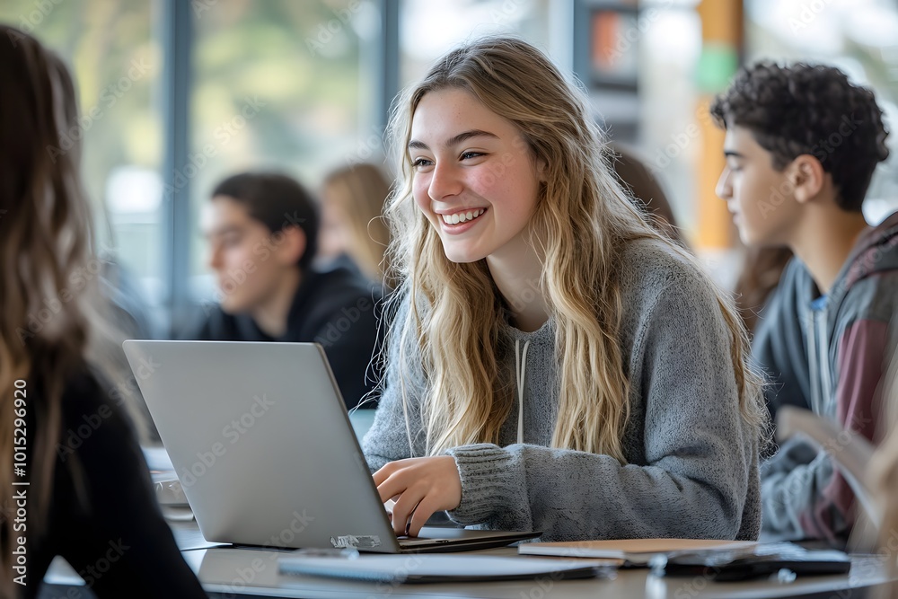 Student using laptop in classroom setting Student using laptop in classroom setting