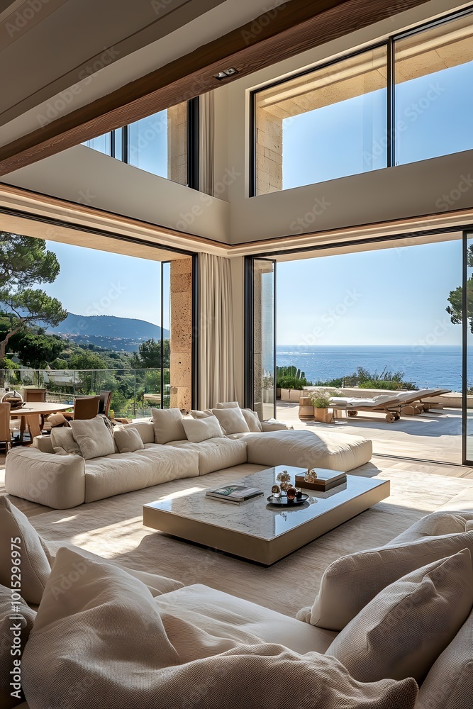 Fototapeta premium Luxe living room with ocean view