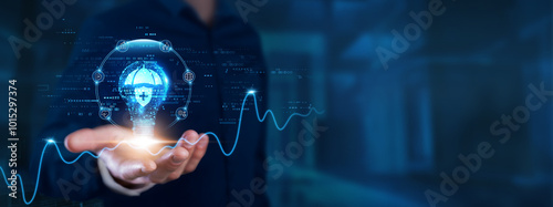 Health Insurance: Businessman hands with light bulb of inspiration, bright idea, and creative thinking energetic on digital network. Coverage, risk management, well-being, financial protection. photo