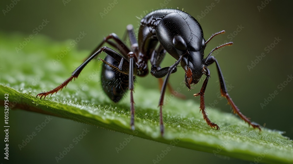 A close-up view of a black ant on a green leaf. A close-up view of a black ant on a green leaf.