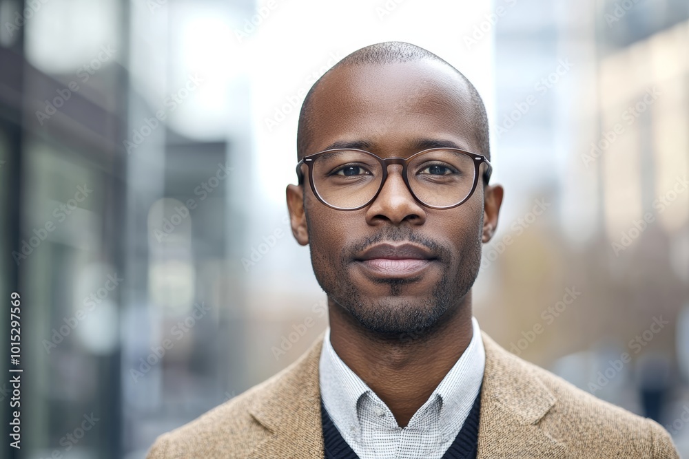 Fototapeta premium A man stands confidently outdoors in a city, showcasing a smart outfit with glasses, radiating professionalism and poise