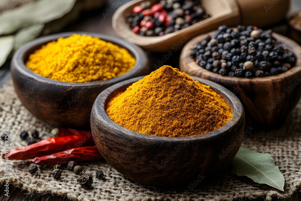 Spices in wooden bowls with chili peppers and peppercorns Spices in wooden bowls with chili peppers and peppercorns