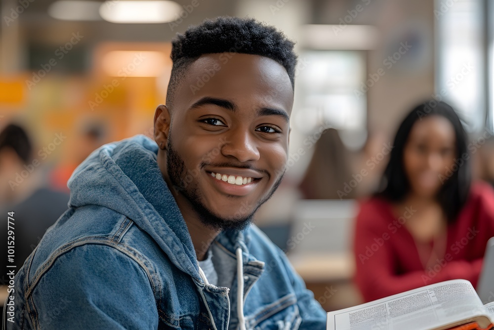 Smiling student in a classroom setting Smiling student in a classroom setting
