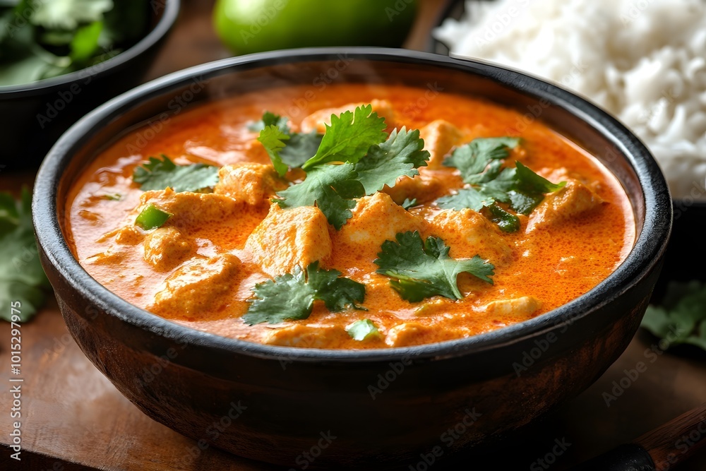 Curry chicken dish with rice and cilantro Curry chicken dish with rice and cilantro