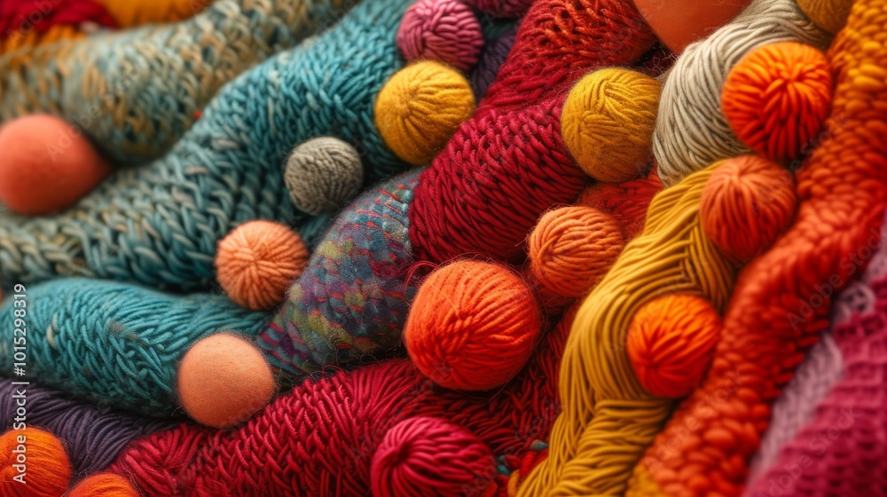 A lively and colorful mix of yarn balls and fibers are arranged together, showcasing various textures and colors. The vibrant hues create an energetic and artistic composition, perfect for textile and A lively and colorful mix of yarn balls and fibers are arranged together, showcasing various textures and colors. The vibrant hues create an energetic and artistic composition, perfect for textile and