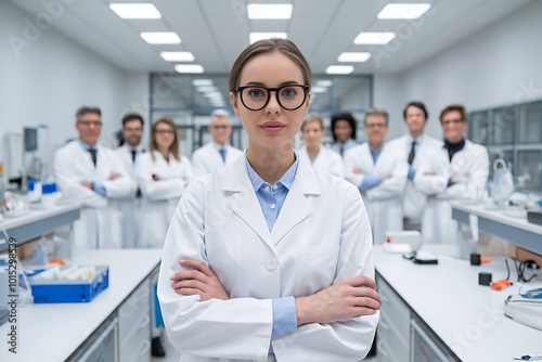 Confident Female Scientist Leading a Team in a Laboratory