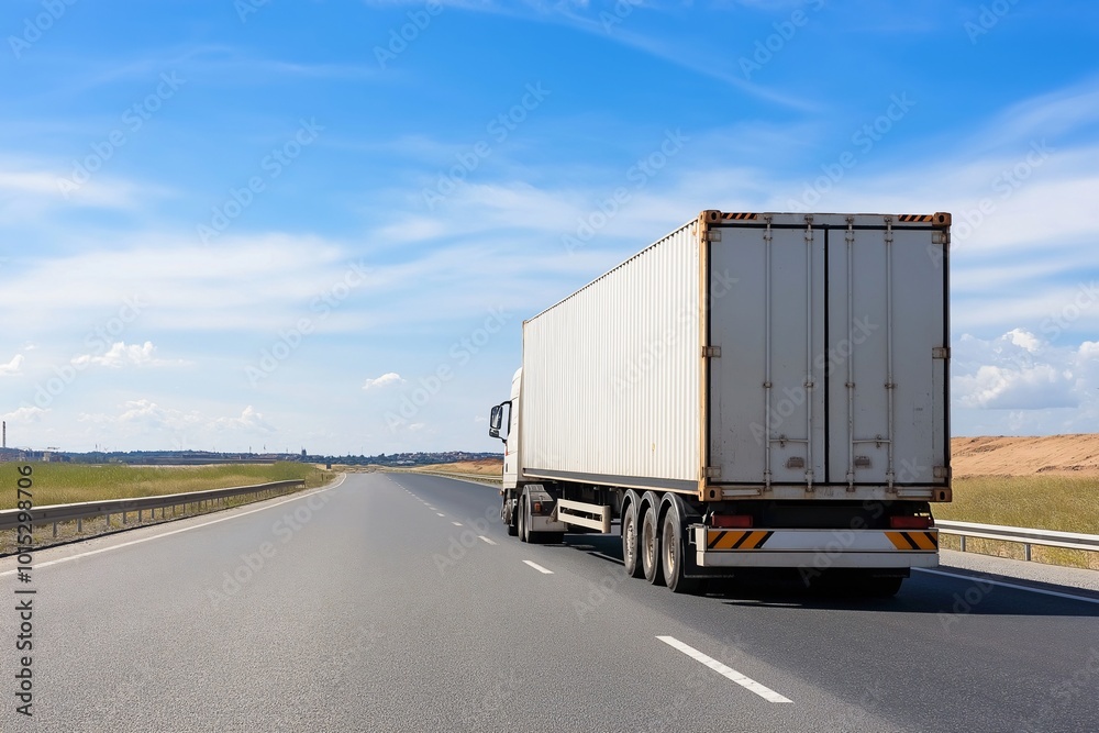Cargo truck on its way to the destination warehouse for package delivery Cargo truck on its way to the destination warehouse for package delivery