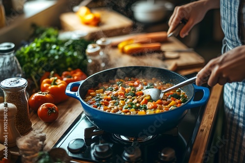 Cooking colorful vegetable stew in the kitchen