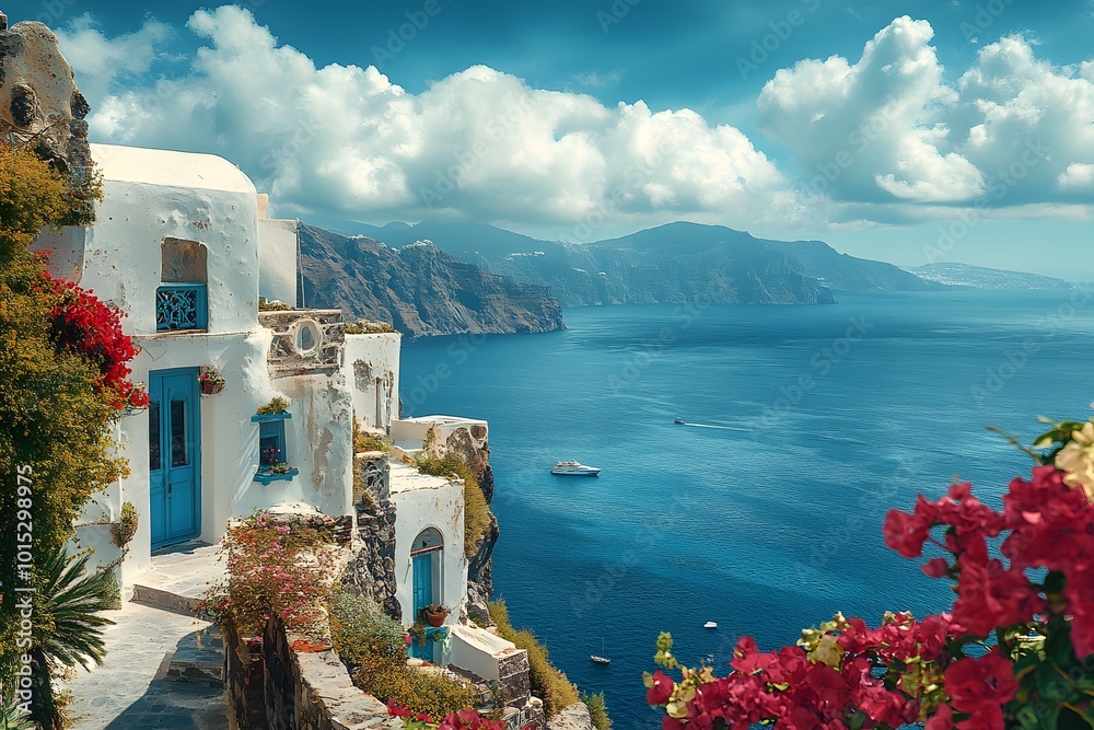 Fototapeta premium Santorini coastal view with colorful architecture and flowers