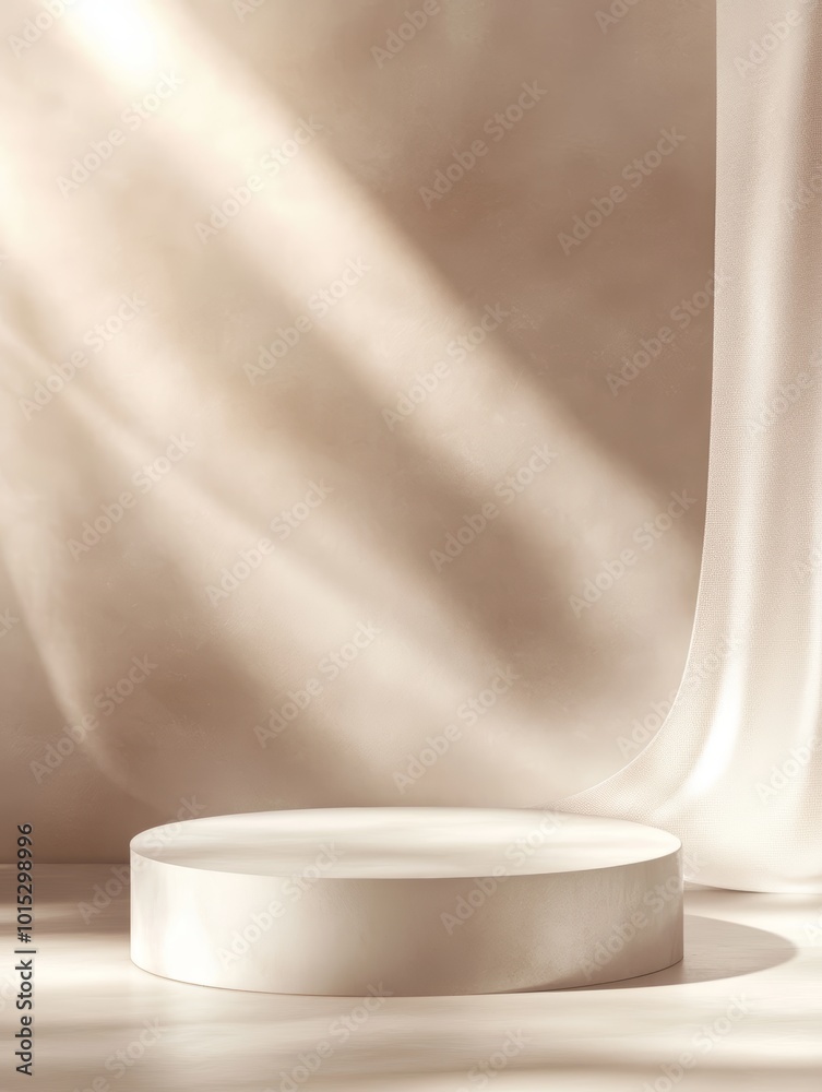Minimalist beige display podium with soft light and flowing textile backdrop. Minimalist beige display podium with soft light and flowing textile backdrop.