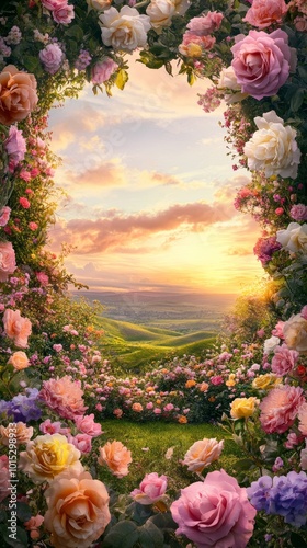 Wallpaper Mural A vibrant sunset framed by colorful roses in a lush garden landscape. Torontodigital.ca