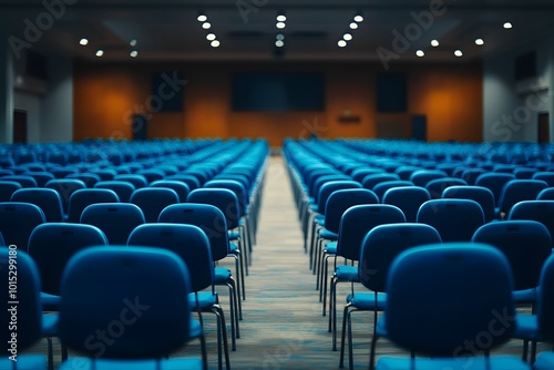 Empty conference hall with blue chairs  photo