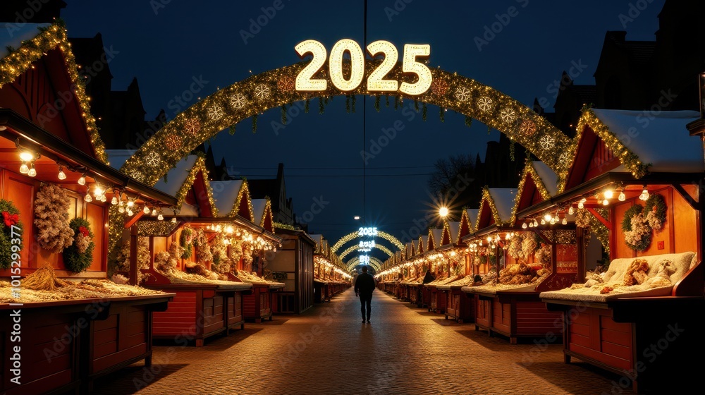 Magical Christmas market at night with festive stalls, glowing '2025' sign, and holiday lights. Perfect for capturing the spirit of holiday shopping and seasonal celebrations Magical Christmas market at night with festive stalls, glowing '2025' sign, and holiday lights. Perfect for capturing the spirit of holiday shopping and seasonal celebrations