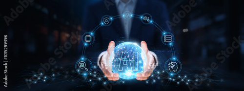 Wallpaper Mural AI: Businessman hands hold global AI technology, automation, analytics, machine learning, innovation, data processing, intelligence, efficiency. Torontodigital.ca