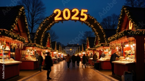 Magical Christmas market at night with festive stalls, glowing '2025' sign, and holiday lights. Perfect for capturing the spirit of holiday shopping and seasonal celebrations