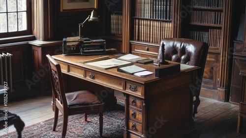 A tidy, wooden desk ready for work 