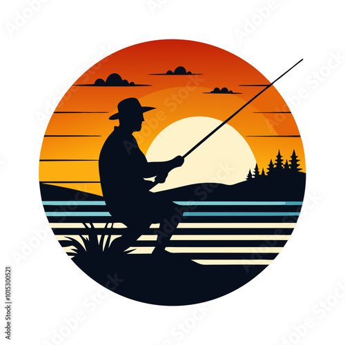 Sunset Fishing Silhouette: A nostalgic silhouette of a fisherman casting a line at sunset, capturing the tranquility of a peaceful evening by the water.