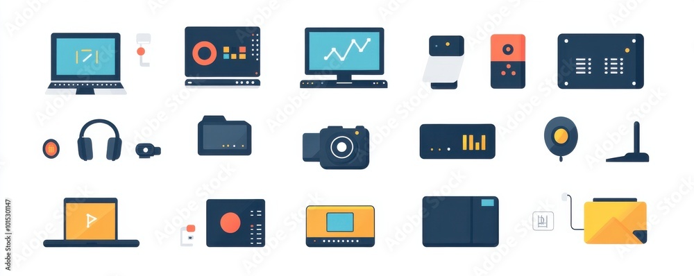 Flat icons of modern technology and gadgets showcasing computers, gaming console, headphones, and controllers for tech enthusiasts and digital design projects. Flat icons of modern technology and gadgets showcasing computers, gaming console, headphones, and controllers for tech enthusiasts and digital design projects.