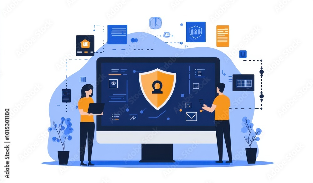 Fototapeta premium Illustration of two people discussing cybersecurity concepts on a large computer screen surrounded by digital icons and technology symbols in a blue-tone theme