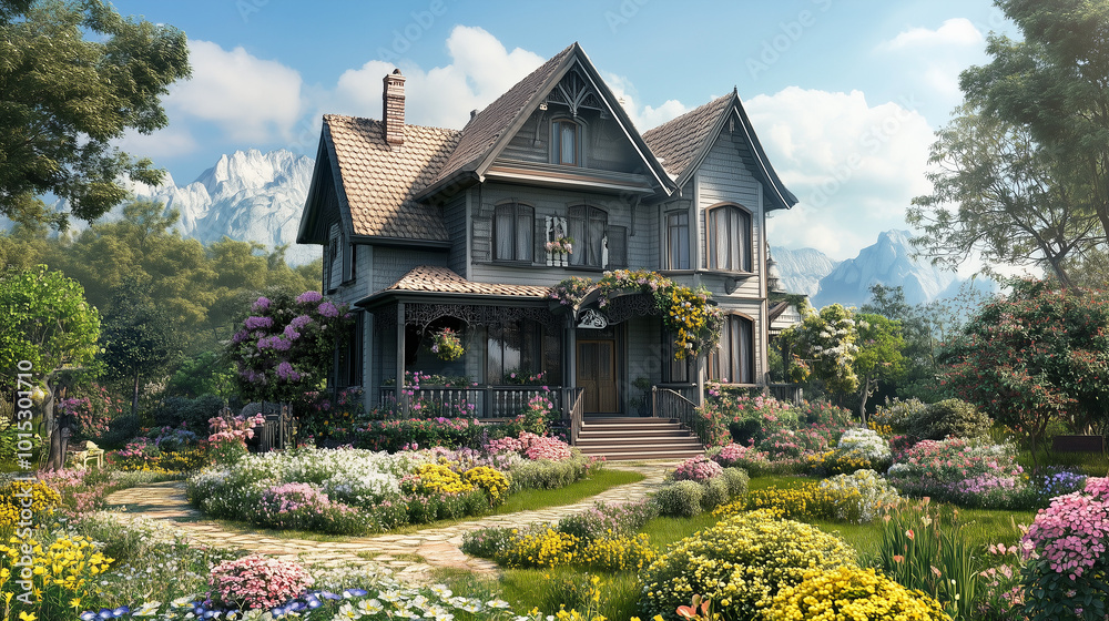 Fototapeta premium Klasyczny dom, którego elewacja utrzymana jest w ciepłych odcieniach beżu i bieli. Wokół niego znajduje się urokliwy ogród kwiatowy, wypełniony kolorowymi roślinami.