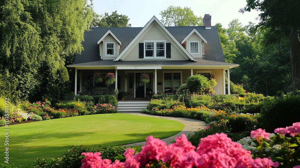 Obraz premium Klasyczny dom, którego elewacja utrzymana jest w ciepłych odcieniach beżu i bieli. Wokół niego znajduje się urokliwy ogród kwiatowy, wypełniony kolorowymi roślinami.