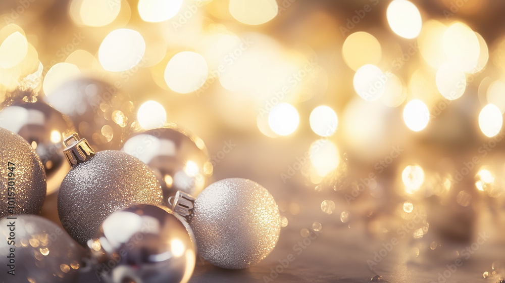 Silver Christmas ornaments with warm bokeh lights Silver Christmas ornaments with warm bokeh lights