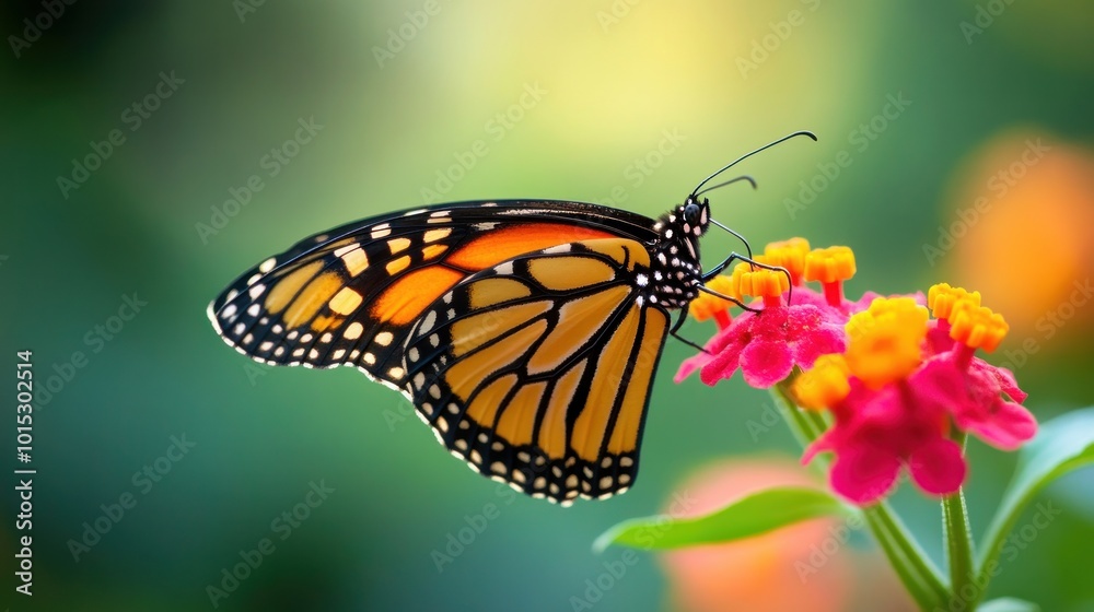 Perched on a vibrant flower, a stunning monarch butterfly flutters. Perched on a vibrant flower, a stunning monarch butterfly flutters.