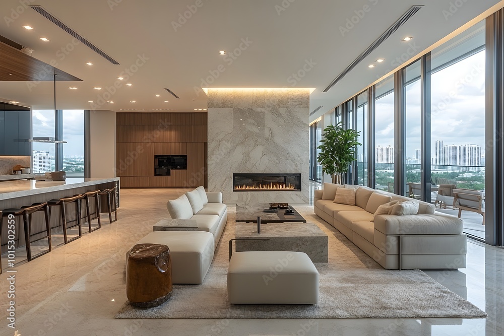 Fototapeta premium Contemporary fireplace with marble