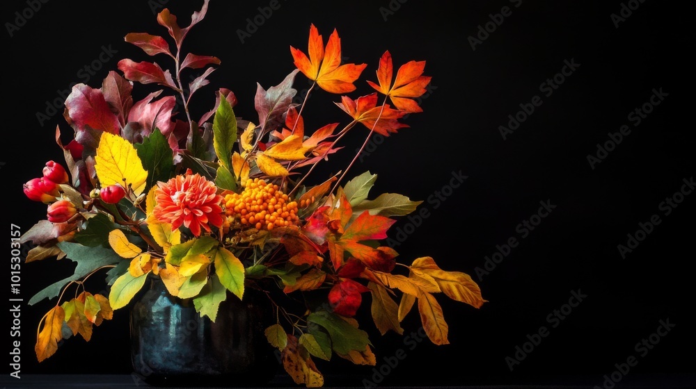 A vibrant autumnal floral arrangement in a blue vase against a black background. A vibrant autumnal floral arrangement in a blue vase against a black background.