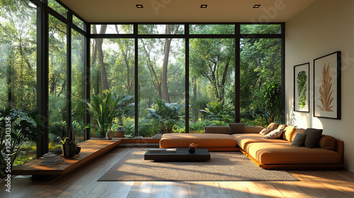 Modern Living Room with Large Glass Windows Overlooking Nature

