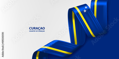 Curaçao 3D ribbon flag. Bent waving 3D flag in colors of the Curaçao flag. Curaçao flag background design.