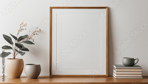 Home interior poster mock up frame with flower pots and pile of books on white wall background