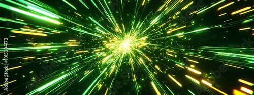 Abstract green and yellow light streaks radiating from the center on a black background.