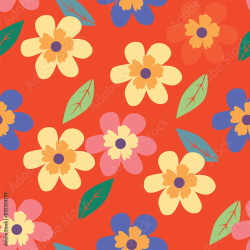 abstract multicolor a solid hibiscus blooming flowers motif arrangement with medium tone, all over vector design with cream backgroun