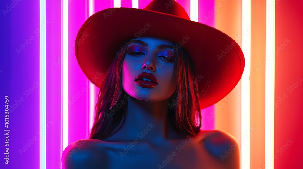 A trendy red-hatted woman poses against a vibrant background. She is illuminated by neon lights, giving her a colorful, lively appearance. This picture embodies teenage culture, fashionable dress, and A trendy red-hatted woman poses against a vibrant background. She is illuminated by neon lights, giving her a colorful, lively appearance. This picture embodies teenage culture, fashionable dress, and